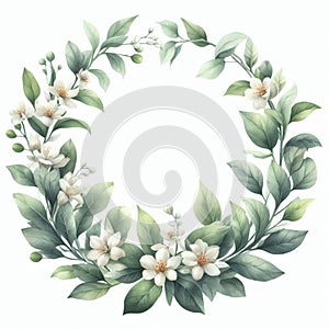 Watercolor wreath with jasmine flowers and green leaves isolated on white background.